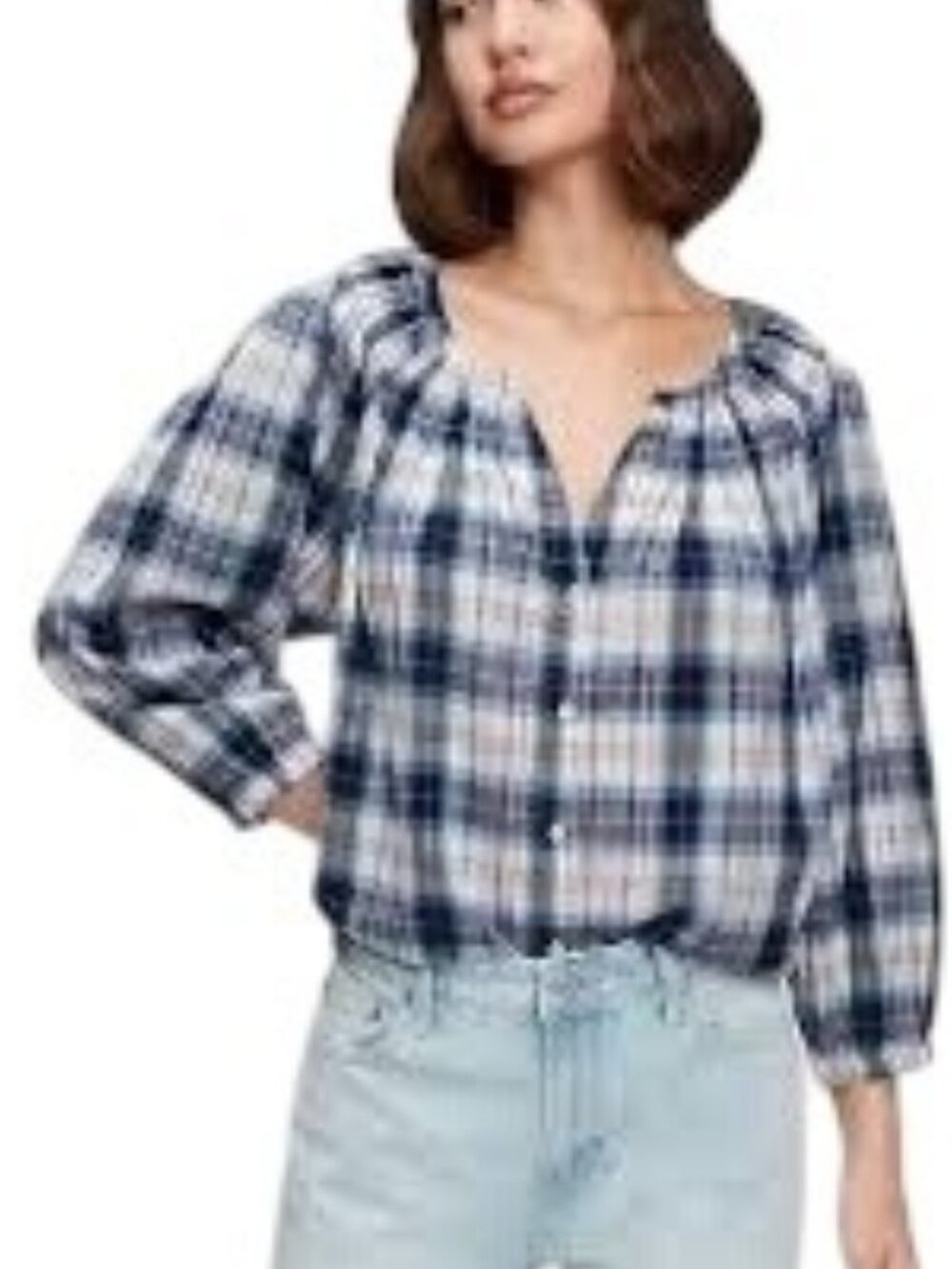 Gap Blue Plaid Split Neck Peasant Top 3/4 Sleeve Small